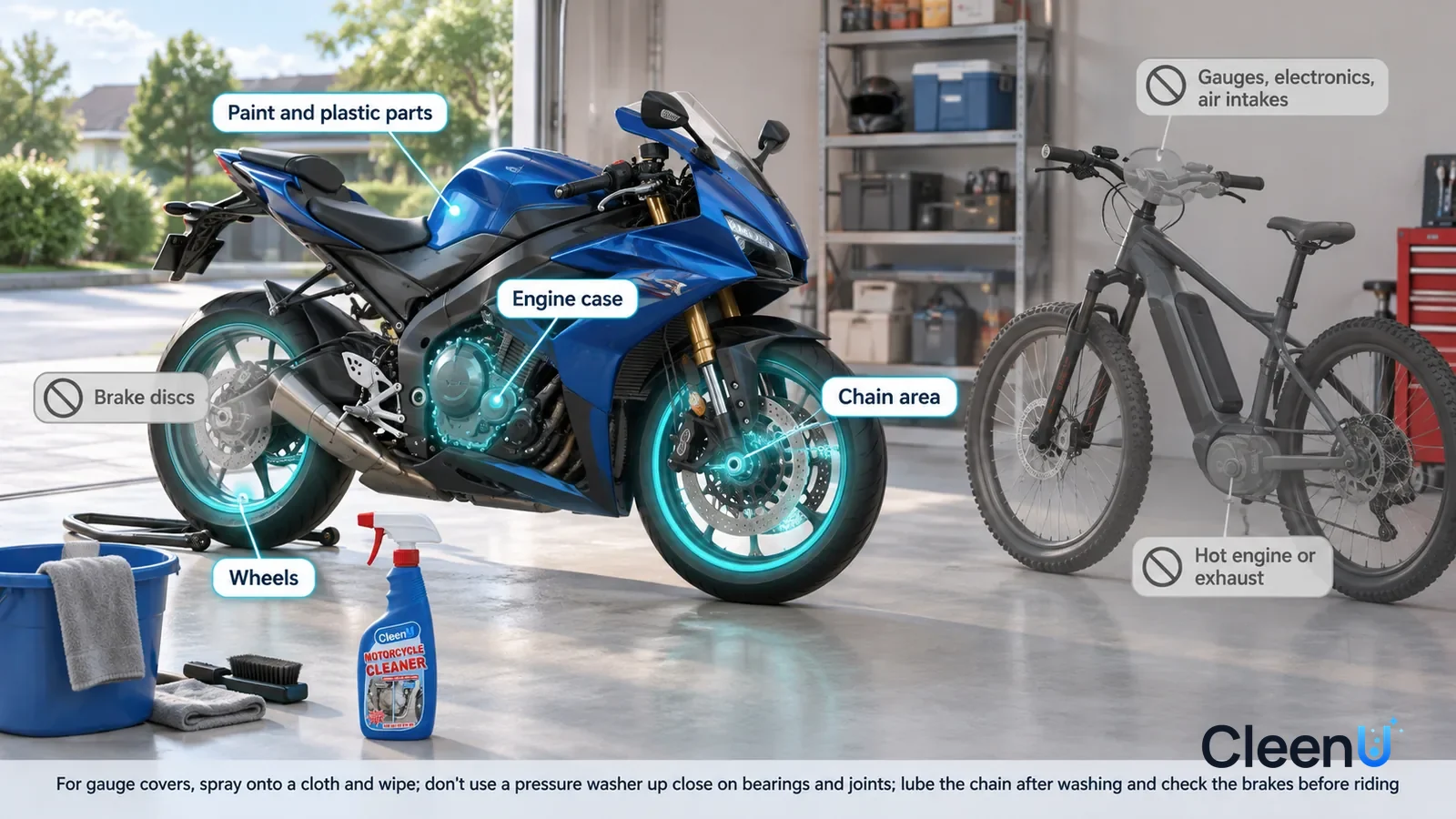 Illustration: CleenU Motorcycle Cleaner — A realistic 3D cutaway of a bright home garage and the driveway in front of it