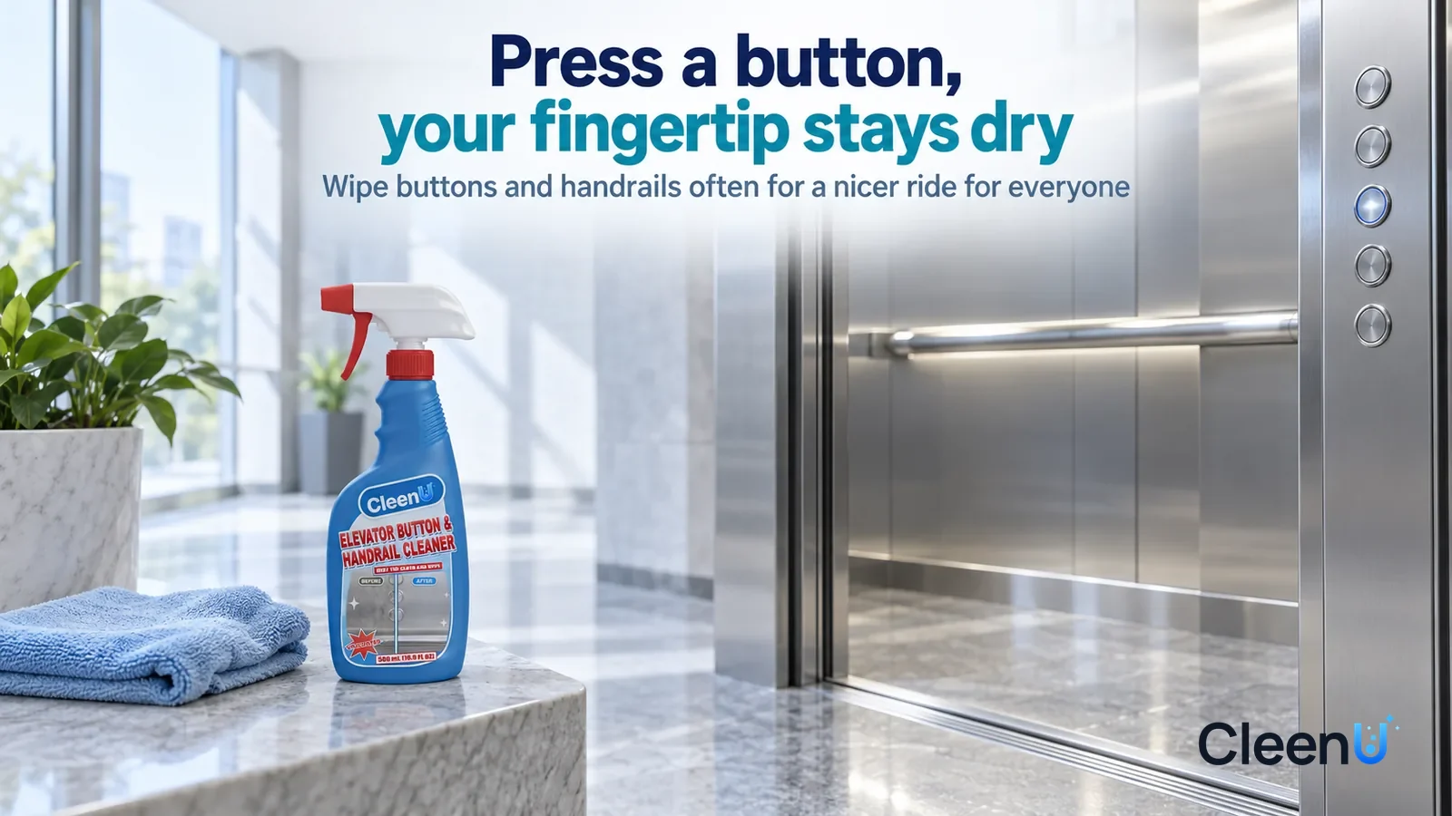 Illustration: CleenU Elevator Button & Handrail Cleaner — A bright early-morning office-building elevator lobby with no brand marks or sign text anywhere, the elevator doors open Headline: "Press a bu