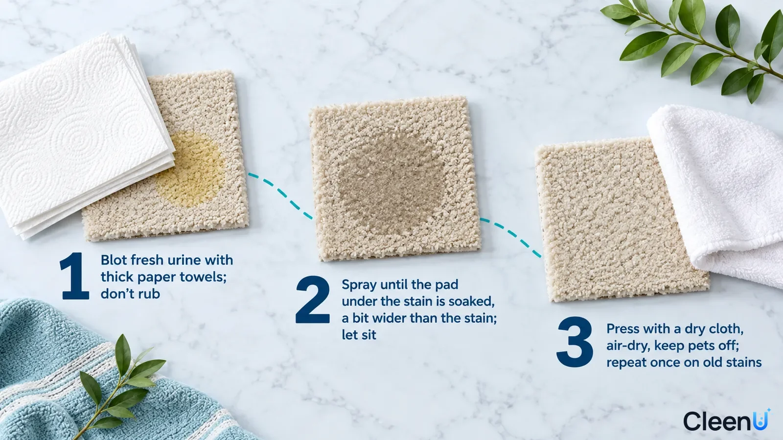 Illustration: Paper towels, rug samples with yellow stains and white cloth with numbered steps.