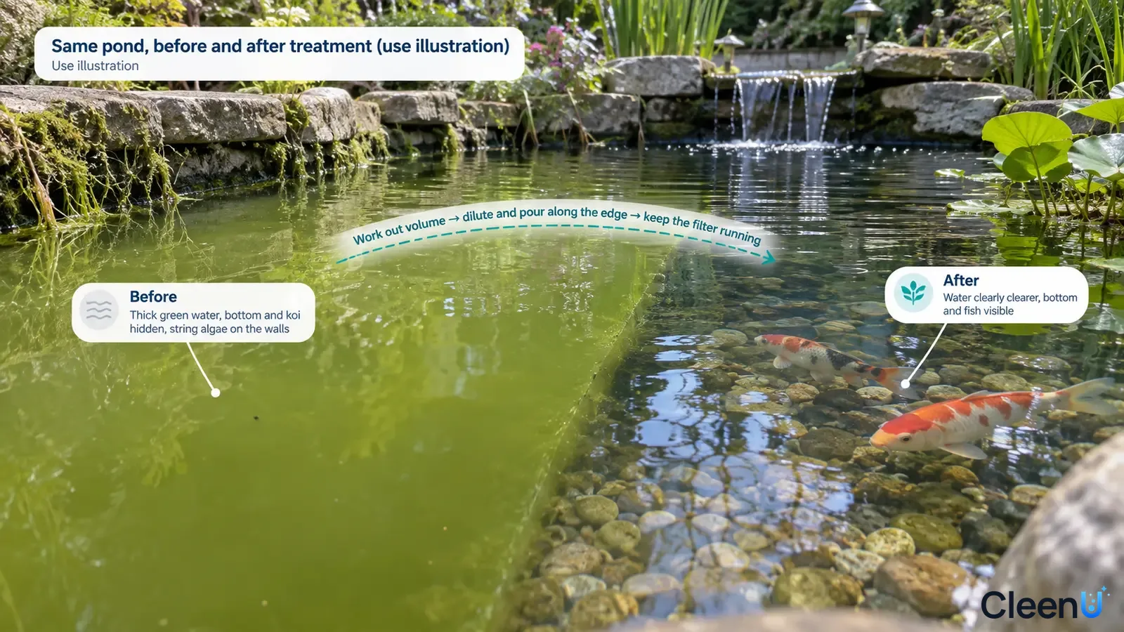 Illustration: A pond-treatment concept comparing green water and a visible stone bottom; not a measured treatment test.