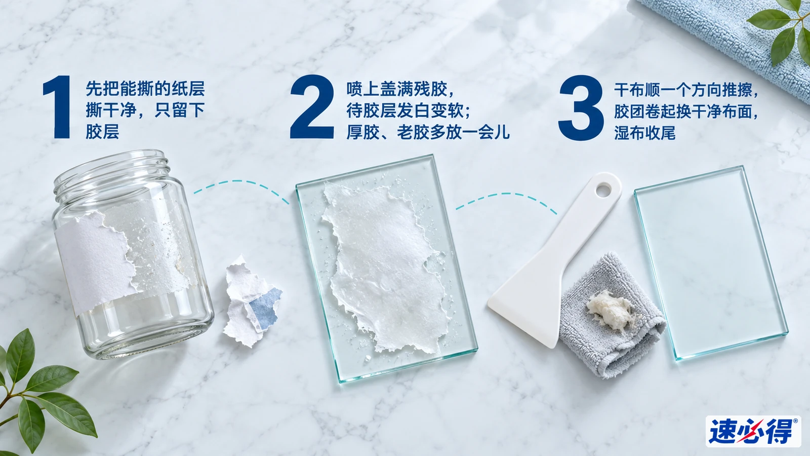 示意图：玻璃罐、揭下的标签、带残胶玻璃样片和清洁布，配有编号步骤。