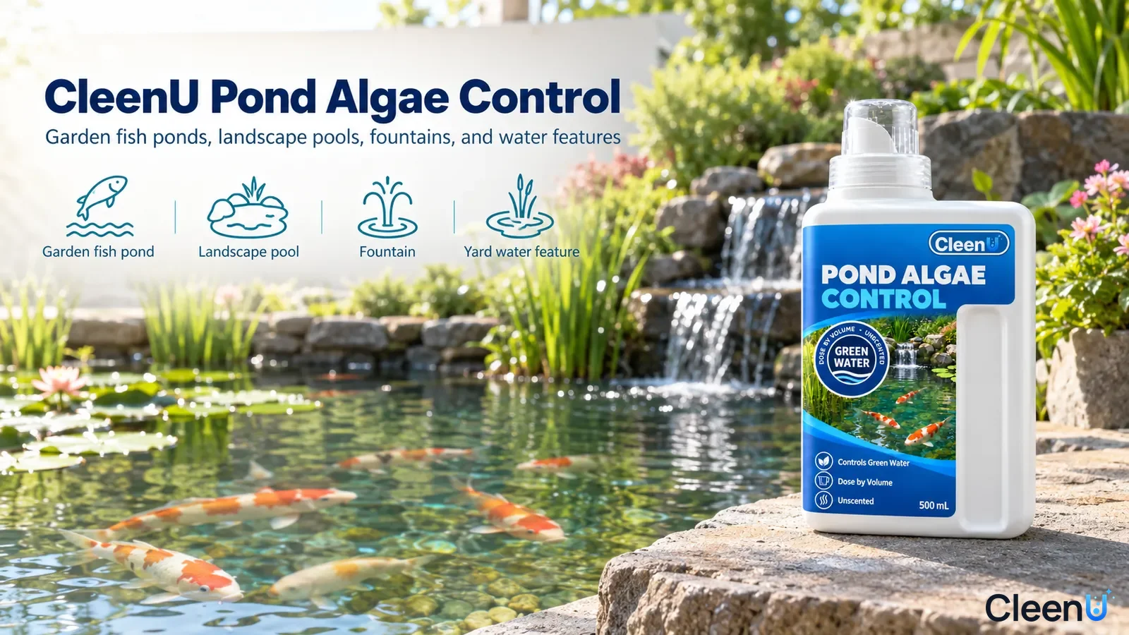 Illustration: A white treatment bottle beside a garden pond with use icons.