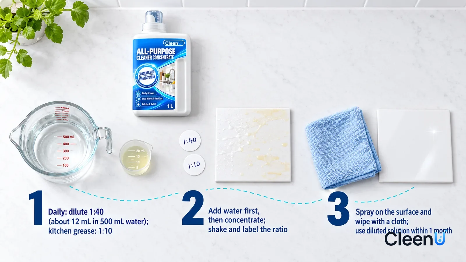 Illustration: CleenU All-Purpose Cleaner Concentrate — keep the same white quartz kitchen counter, white glazed backsplash and pale-blue microfiber cloth; show ordinary thin cooking-oil film