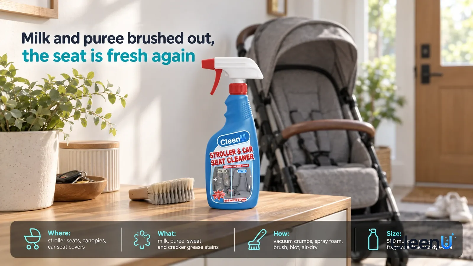 Illustration: CleenU Stroller & Car Seat Cleaner stands centered on the entryway shoe cabinet, a small soft brush beside it, a clean grey stroller (no one inside