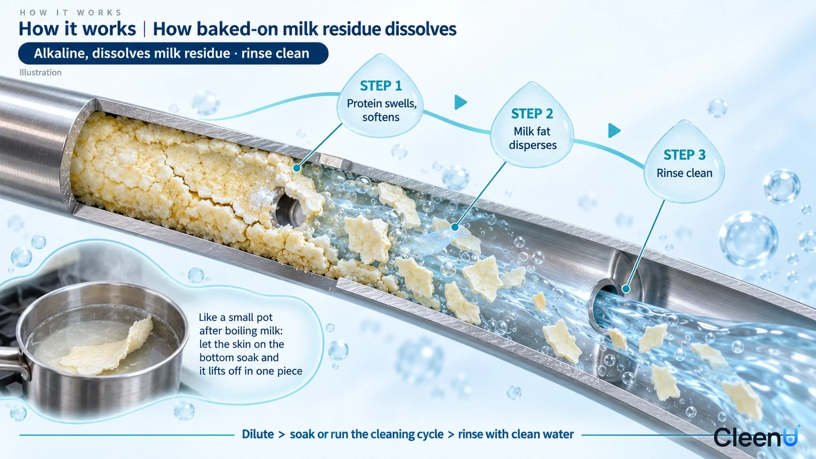 Illustration: A metal tube cross-section with yellow milk residue, liquid and rinsing water.