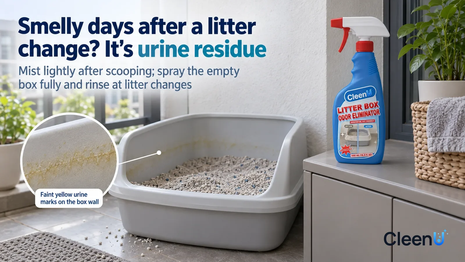 Illustration: CleenU Litter Box Odor Eliminator — A tidy balcony corner, an open light grey litter box on the floor; in side light Headline: "Smelly days after a litter change? It's urine residue"