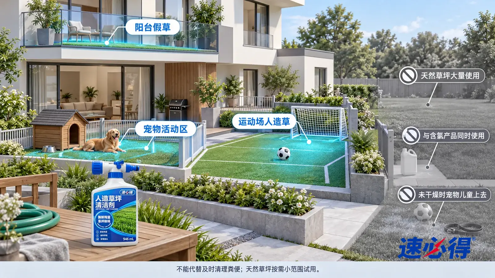 示意图:速必得人造草坪清洁剂——一张写实 3D 剖面实景图,一套带后院的明亮的家,连续空间、一个视角,后院人造草坪、放狗窝的宠物活动区、二楼阳台假草