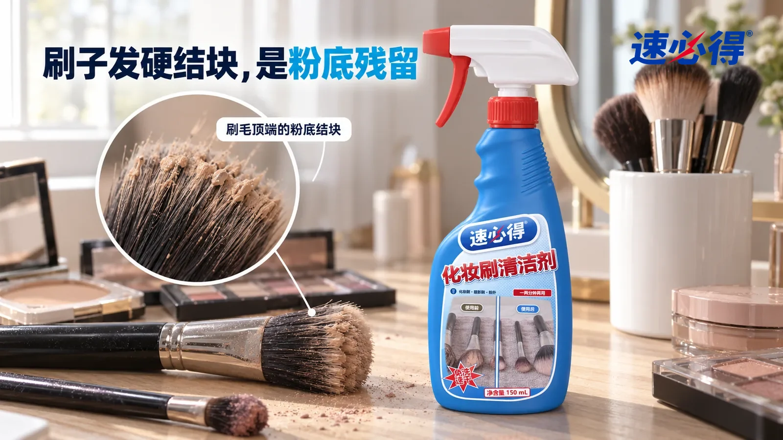 示意图：速必得化妆刷清洁剂——一个家常卧室梳妆台，一只白色笔筒里插着几支化妆刷（无品牌标志），桌面平放着一支粉底刷，窗光侧照下刷毛顶端一圈肤色粉底残留