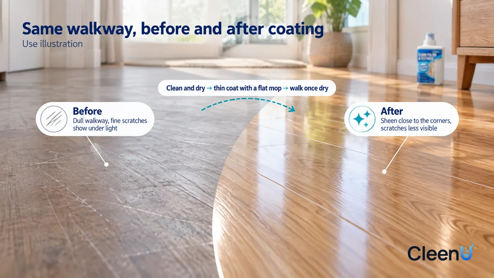 Illustration: CleenU Floor Polish & Restorer — A full-screen low-angle close-up of a laminate walkway in the same window light, no bottle: the untreated side is dull