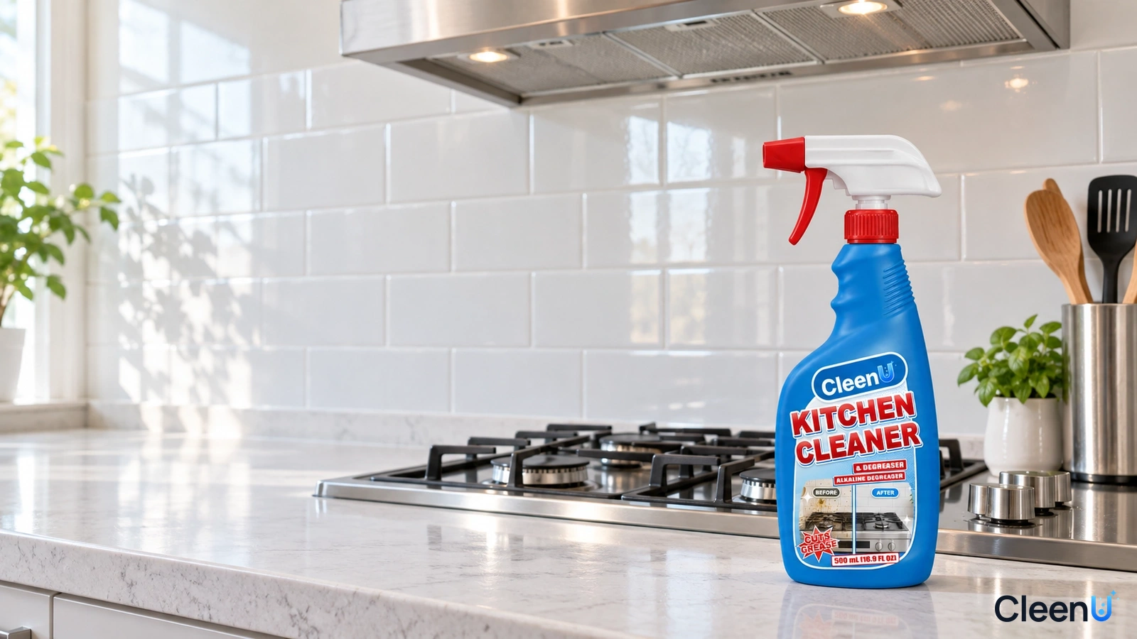 Illustration: A blue cleaner bottle beside a white tiled backsplash, stove and range hood.