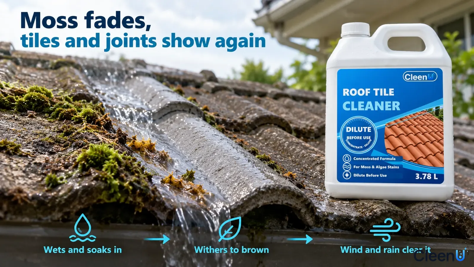 Illustration: Mossy roof tiles and joints beside exposed tile areas and a white cleaner jug.