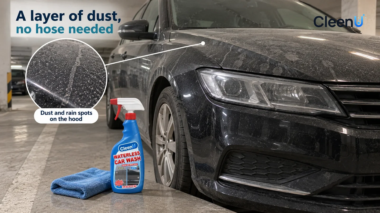 Illustration: CleenU Waterless Car Wash — An ordinary spot in an apartment parking garage, a dark family sedan (no logos