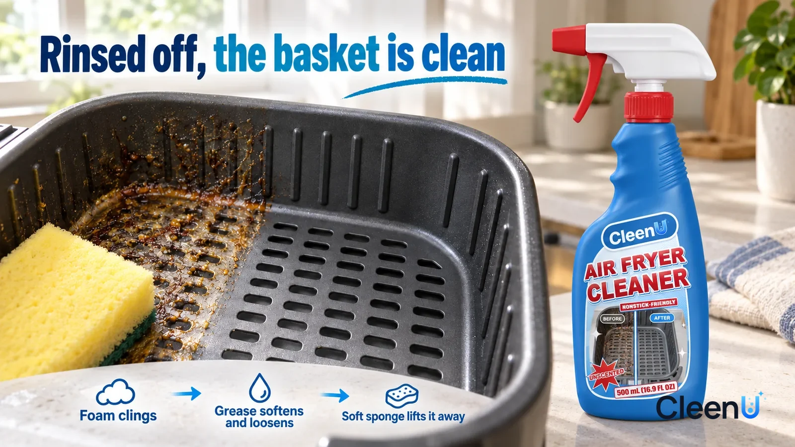 Illustration: CleenU Air Fryer Cleaner — a yellow soft sponge has just made one pass, the wiped strip showing clean coating and open mesh holes