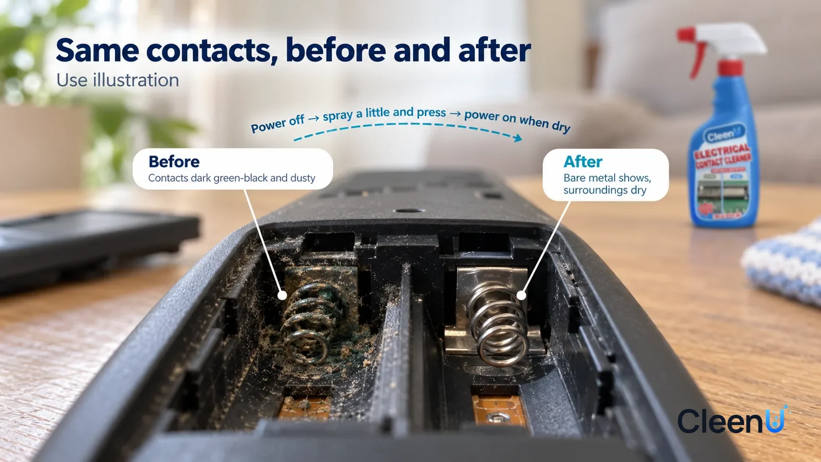 Illustration: CleenU Electrical Contact Cleaner — A full-screen low-angle close-up of an open remote battery compartment (batteries removed, no brand marks) in the same side light