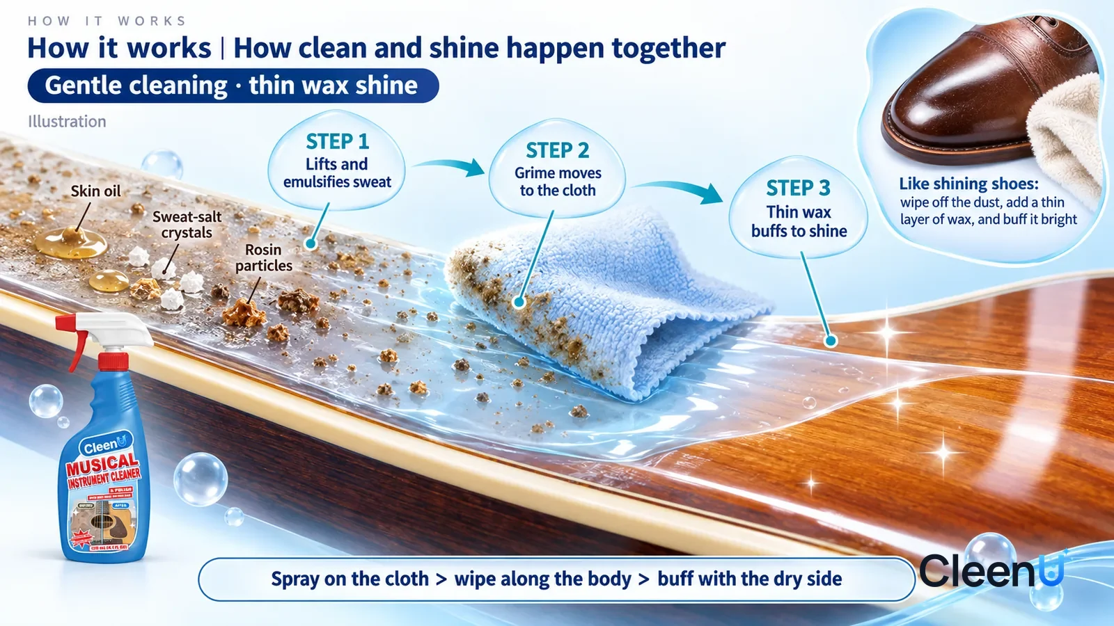 Illustration: CleenU Musical Instrument Cleaner & Polish — an enormously magnified slice of an instrument's gloss finish runs diagonally from upper left to lower right; on the left a layer of skin oi
