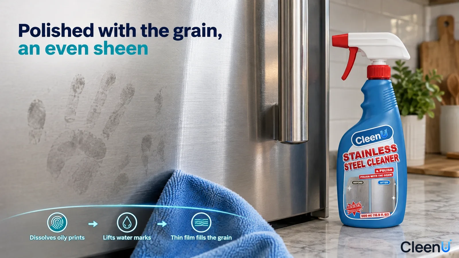 Illustration: A fingerprinted area on a stainless steel refrigerator door beside a blue cloth and bottle.