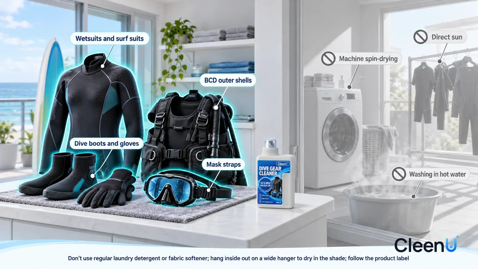 Illustration: CleenU Dive Gear Cleaner — A realistic 3D cutaway of a bright home's laundry room and balcony, one continuous space from one viewpoint