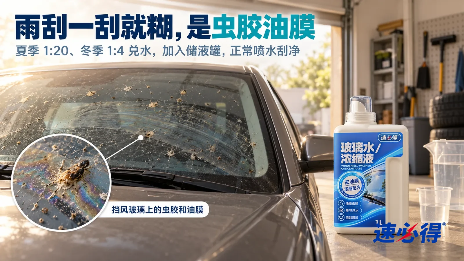示意图：速必得玻璃水（浓缩液/泡腾片）——家里的车库，侧光从卷帘门口斜照进来，一辆家用轿车（无车标、无车牌、看不出车型）的前挡风玻璃上散落着干掉的虫尸残迹和几点泥水印，标题“雨刮一刮就糊，是虫胶油膜”