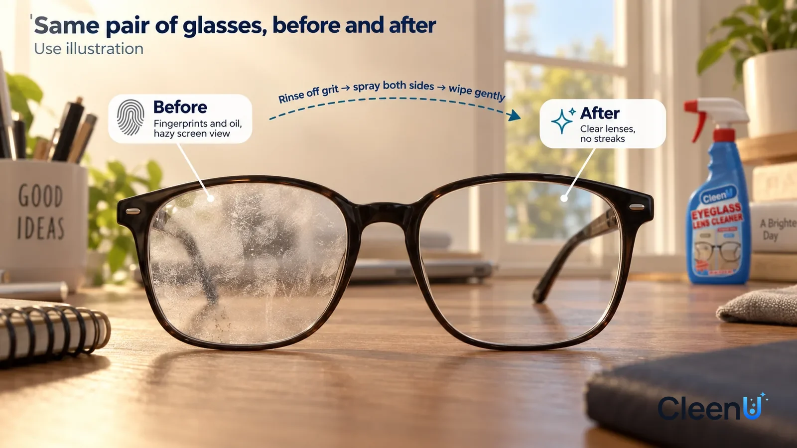 Illustration: CleenU Eyeglass Lens Cleaner — A full-screen low-angle close-up of the lenses of black-framed glasses (no brand marks) resting on a wooden desk