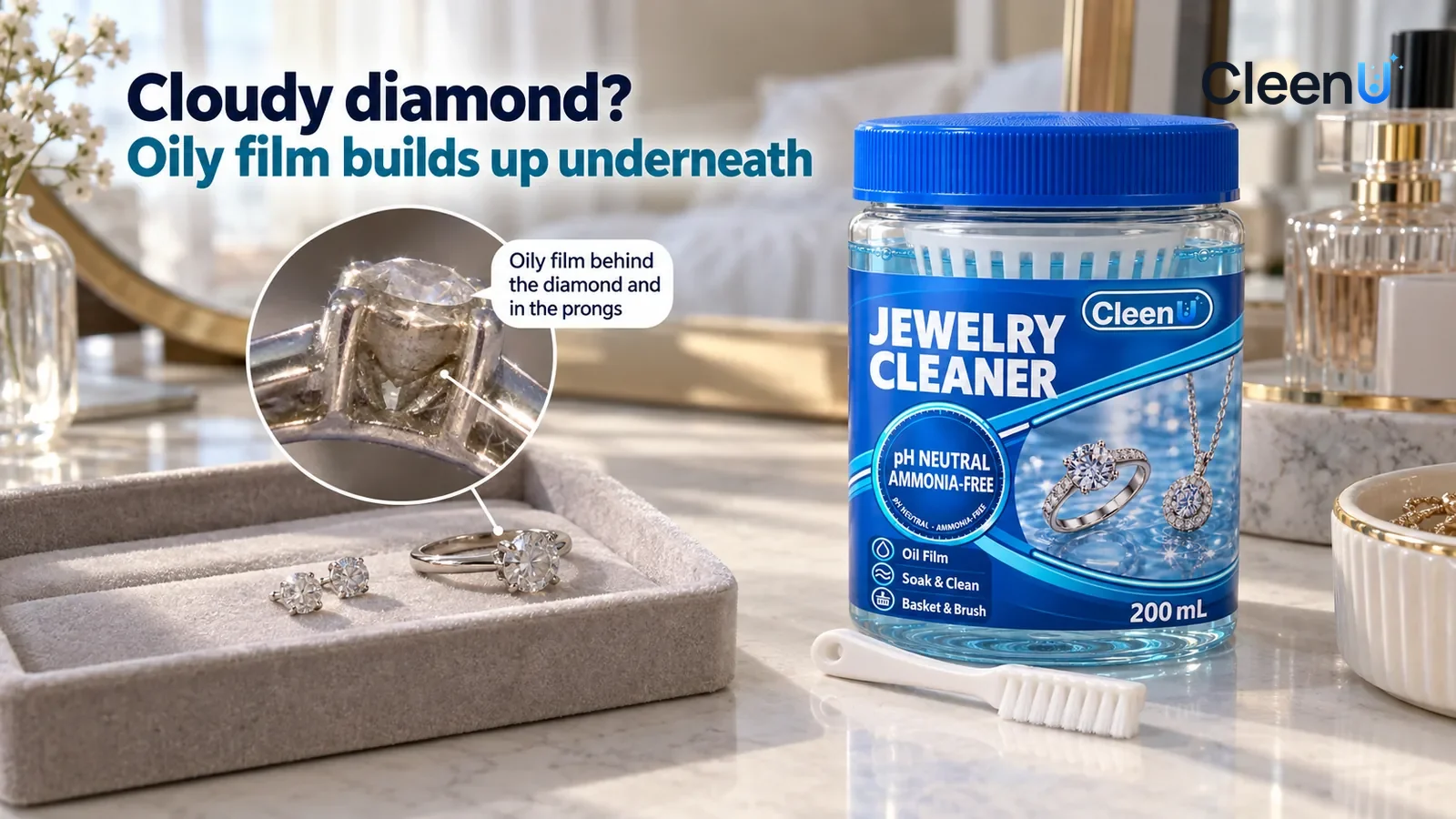 Illustration: CleenU Jewelry Cleaner — An everyday bedroom vanity, an open plain jewelry tray holding a platinum diamond ring and a pair of stud earrings (all simple