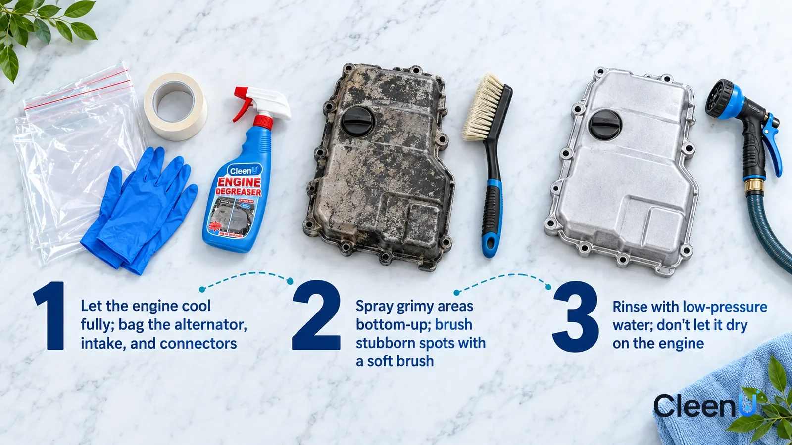 Illustration: CleenU Engine Degreaser — an overhead shot straight down onto a light marble tabletop, no bottle and no hands: (1) a few clear plastic bags, a roll of tape
