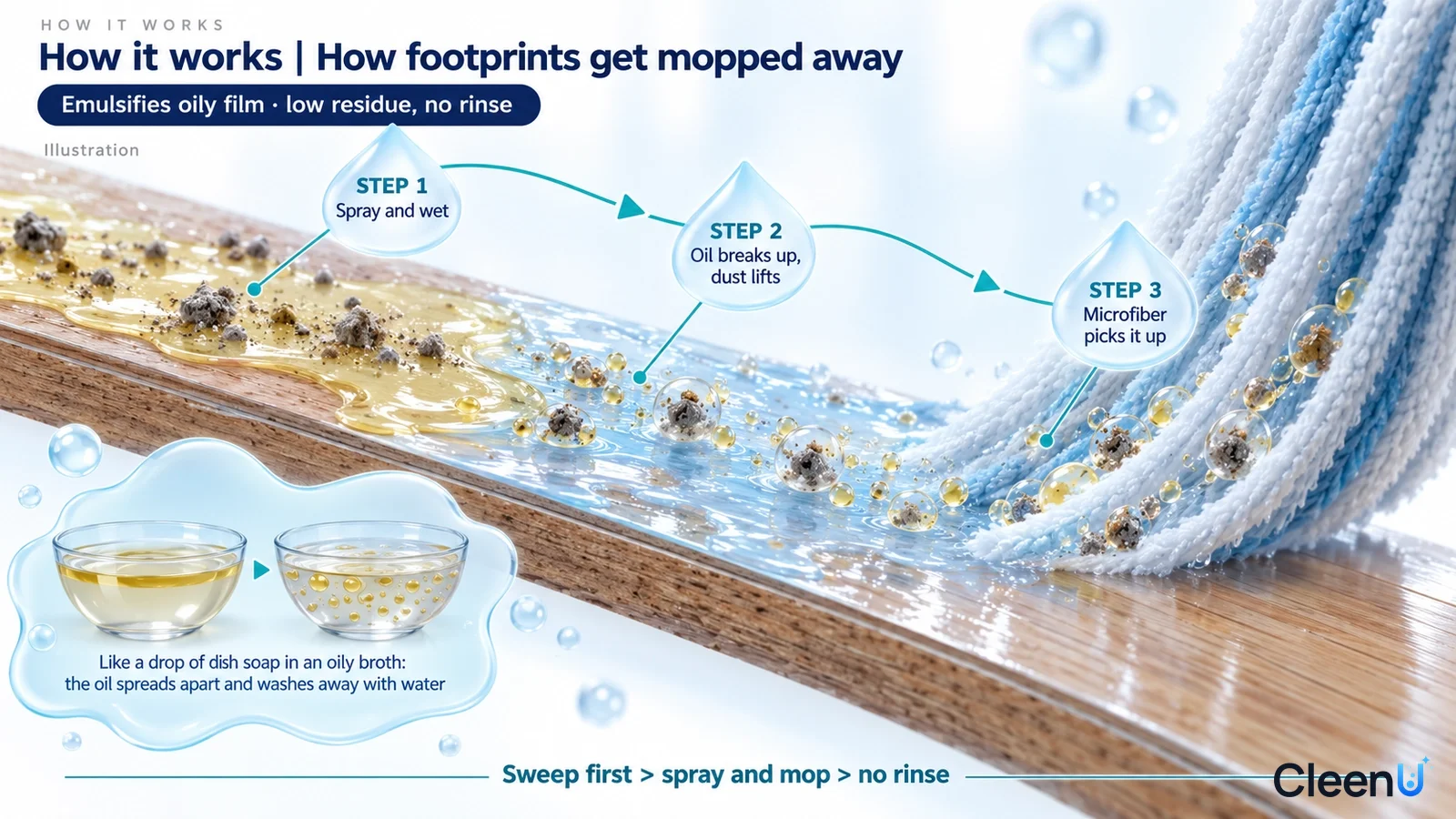 Illustration: A floor surface cross-section with yellow soil particles, drops and a mop pad.