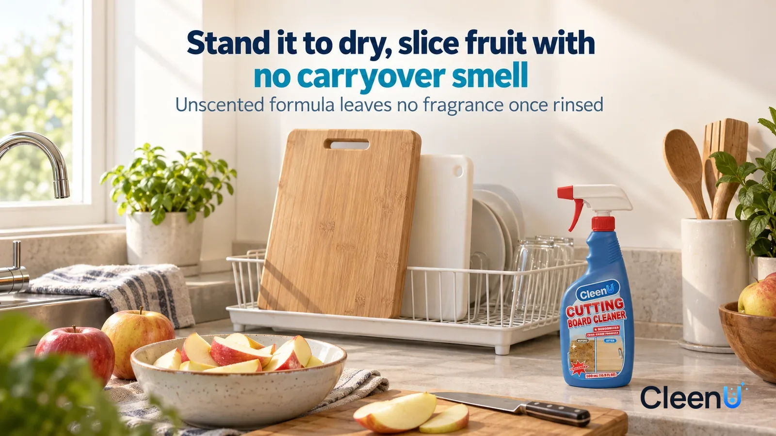 Illustration: CleenU Cutting Board Cleaner & Deodorizer — A bright afternoon kitchen by the window, a clean bamboo cutting board standing on edge against the dish rack to air-dry Headline: "Stand it t
