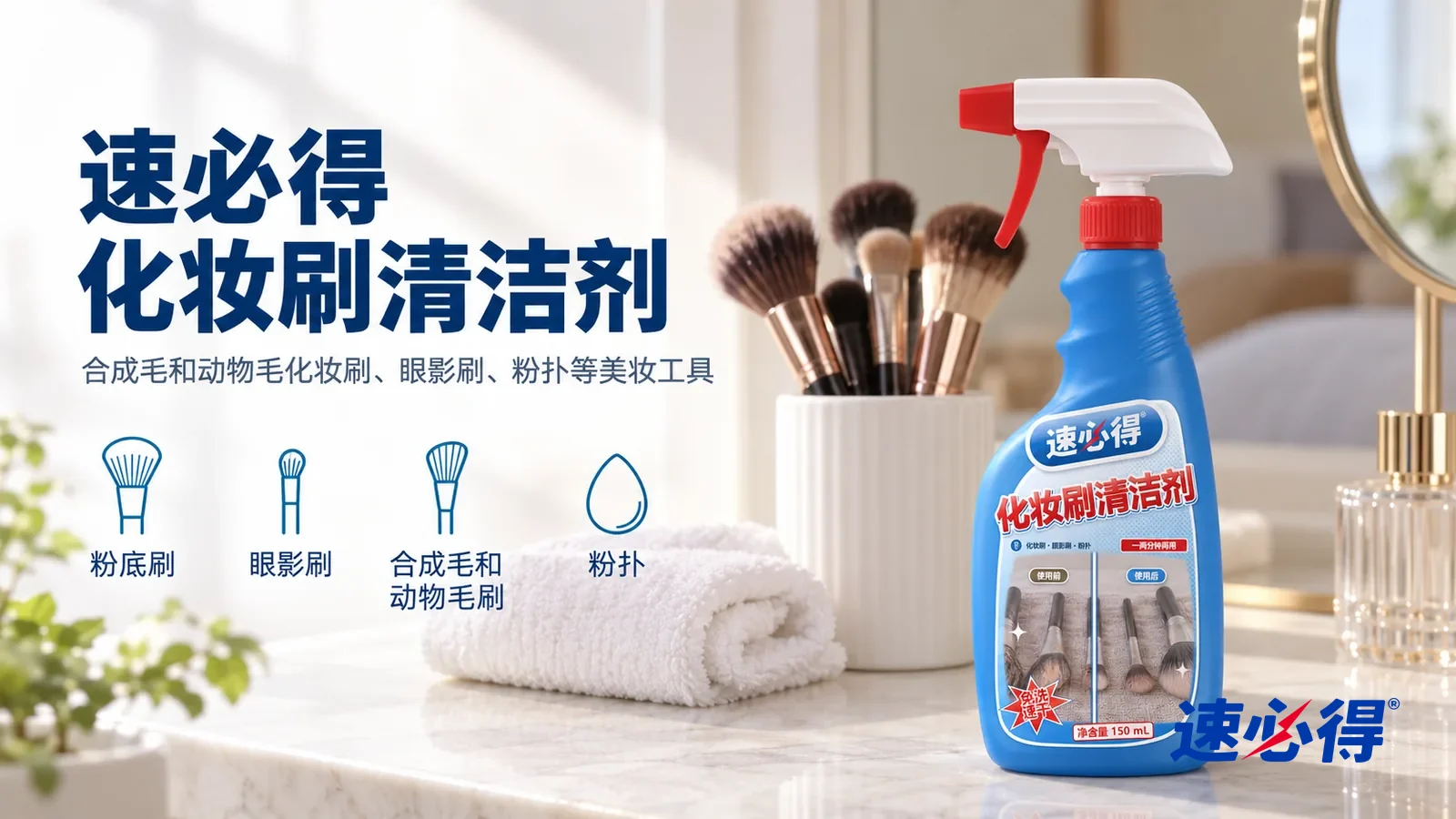 示意图：速必得化妆刷清洁剂——一个明亮干净的卧室梳妆台，一只白色笔筒插着几支干净蓬松的化妆刷（无品牌标志），一块叠好的白毛巾，产品站在右侧台面上，标签正对镜头