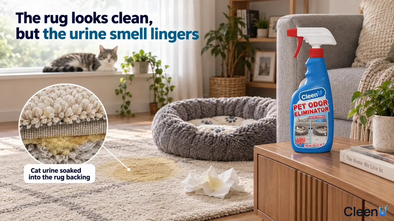 Illustration: A yellow urine stain on a living-room rug beside a pet bed and blue spray bottle.
