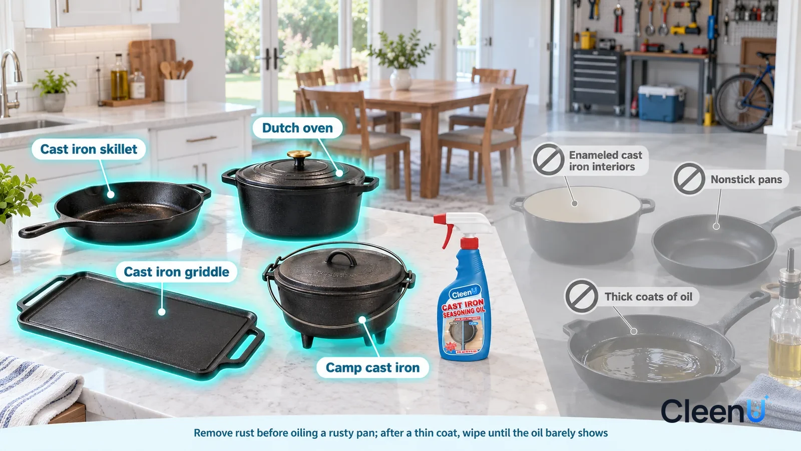 Illustration: CleenU Cast Iron Seasoning Oil — A realistic 3D cutaway of a bright home's kitchen, dining room, and garage, one continuous space from one viewpoint