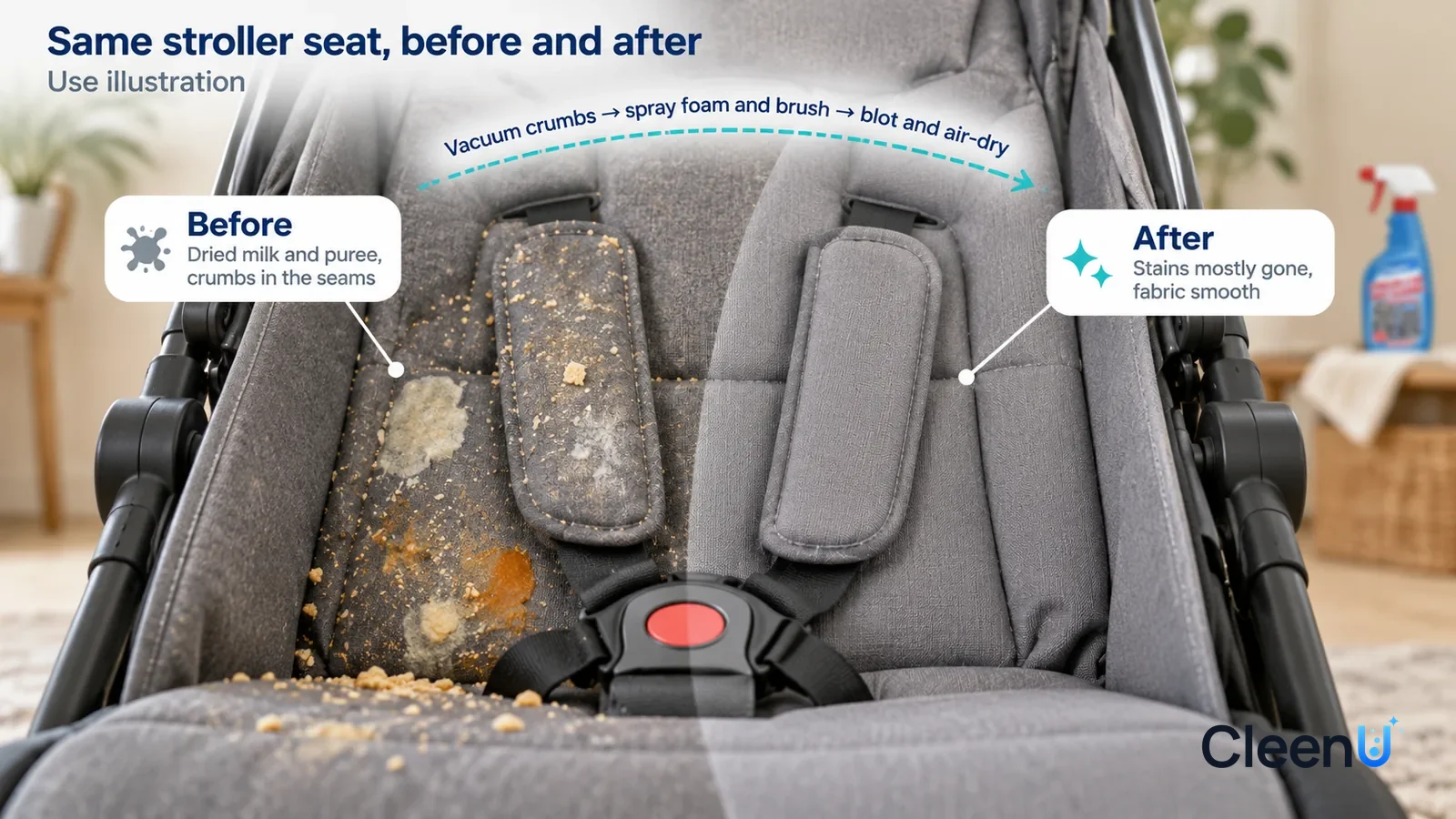 Illustration: CleenU Stroller & Car Seat Cleaner — A full-screen low-angle close-up of a grey stroller seat back (no one inside, no brand marks) in the same side light