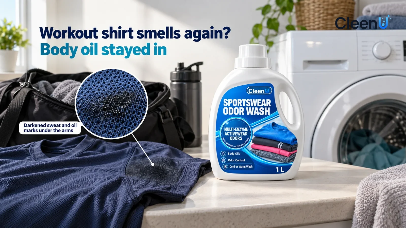 Illustration: CleenU Sportswear Odor Wash — An everyday laundry room with an unbranded white front-load washer; on the counter beside it an unzipped gym bag and a navy polyester quick-