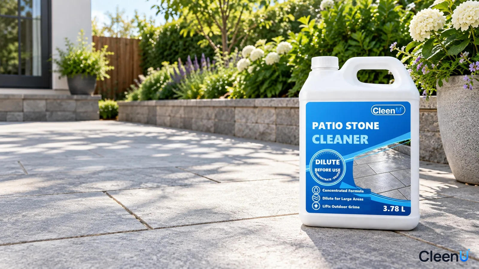 Illustration: A white cleaner jug on sunlit patio stones.