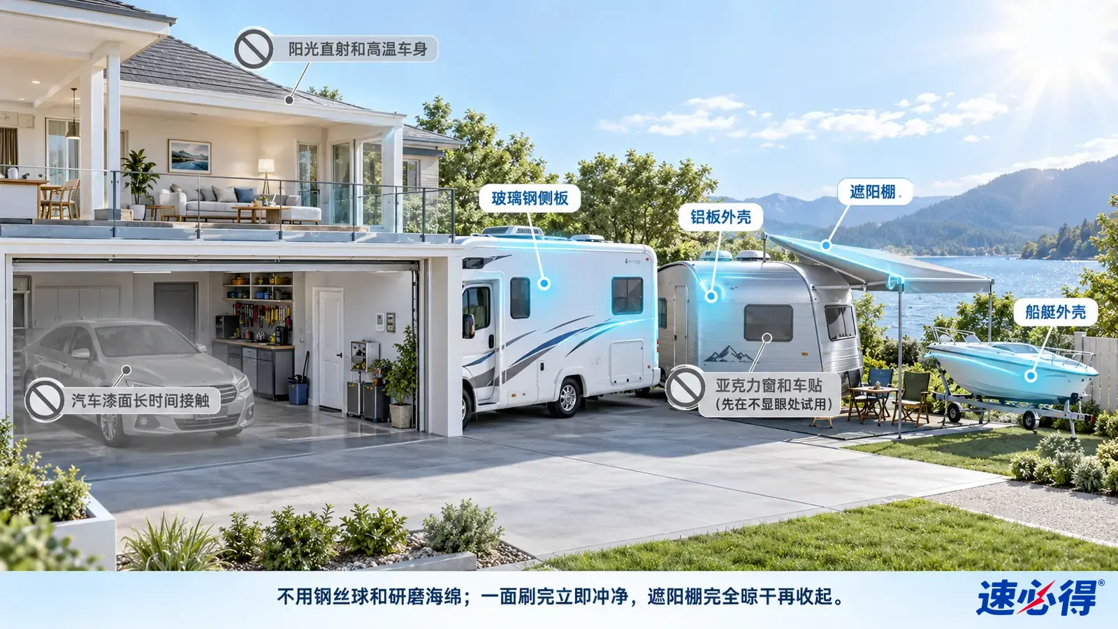 示意图:房车外侧板和遮阳棚等区域被突出显示,旁列外饰材质注意事项。