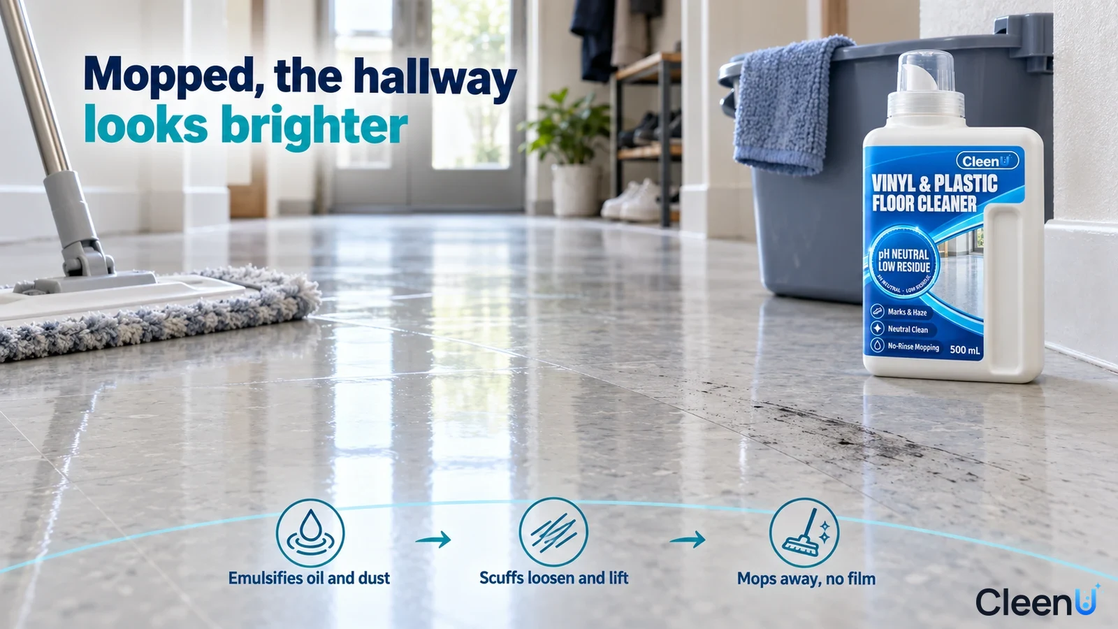 Illustration: A gray and white mop and white cleaner bottle on a hallway floor with black scuffs.