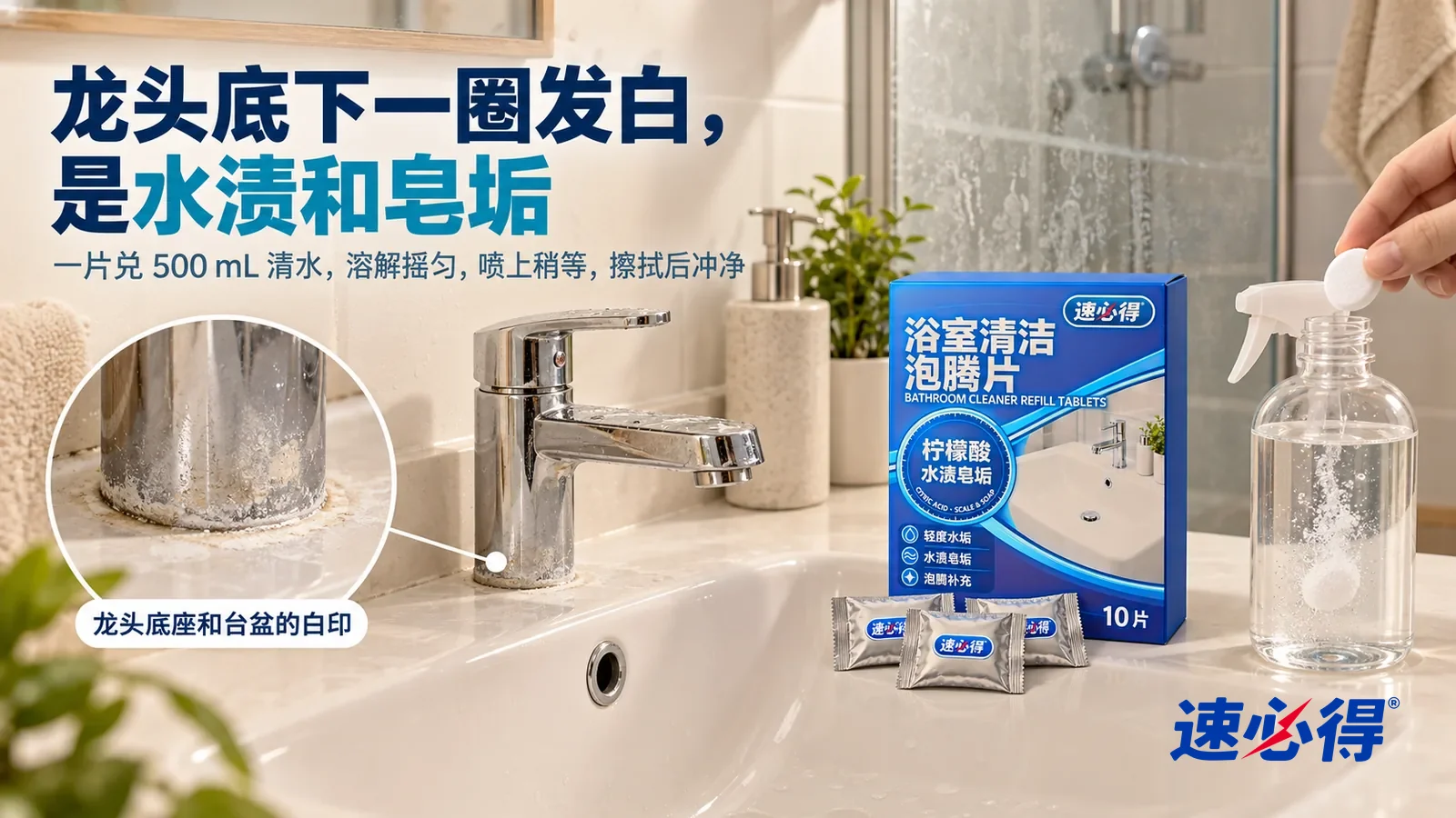示意图:速必得浴室清洁泡腾片——一个家常浴室,白色陶瓷台盆和一只镀铬水龙头,侧光斜照下龙头底座一圈和台盆底发白的水渍清楚可见,标题“龙头底下一圈发白,是水渍和皂垢”