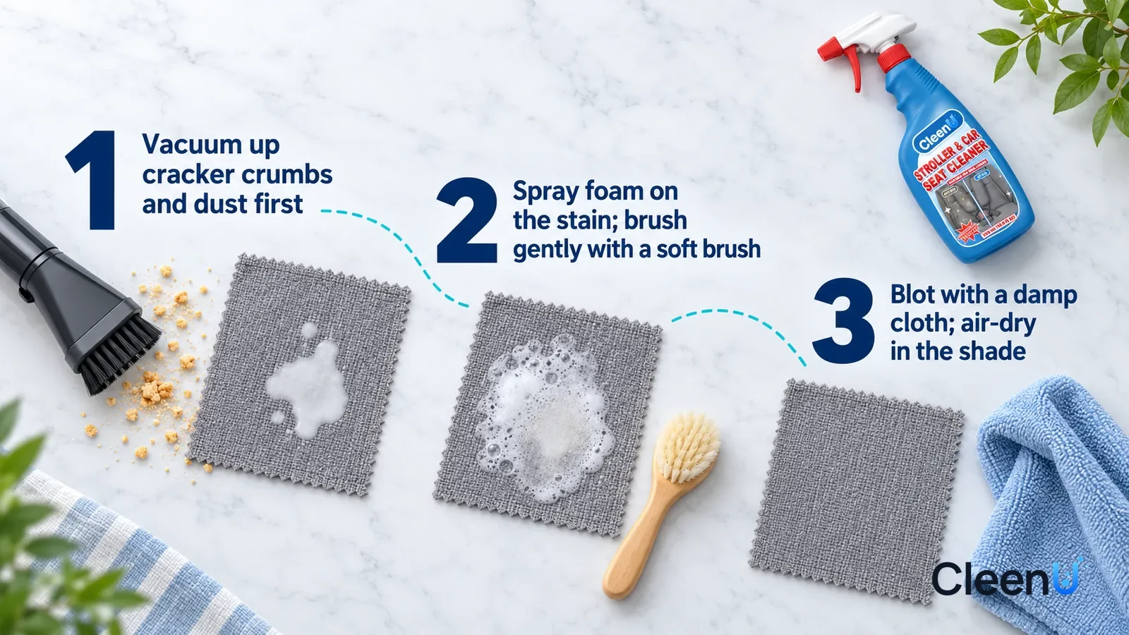 Illustration: CleenU Stroller & Car Seat Cleaner — an overhead shot straight down onto a light marble tabletop, no bottle and no hands: (1) a handheld vacuum's small brush nozzle and a little