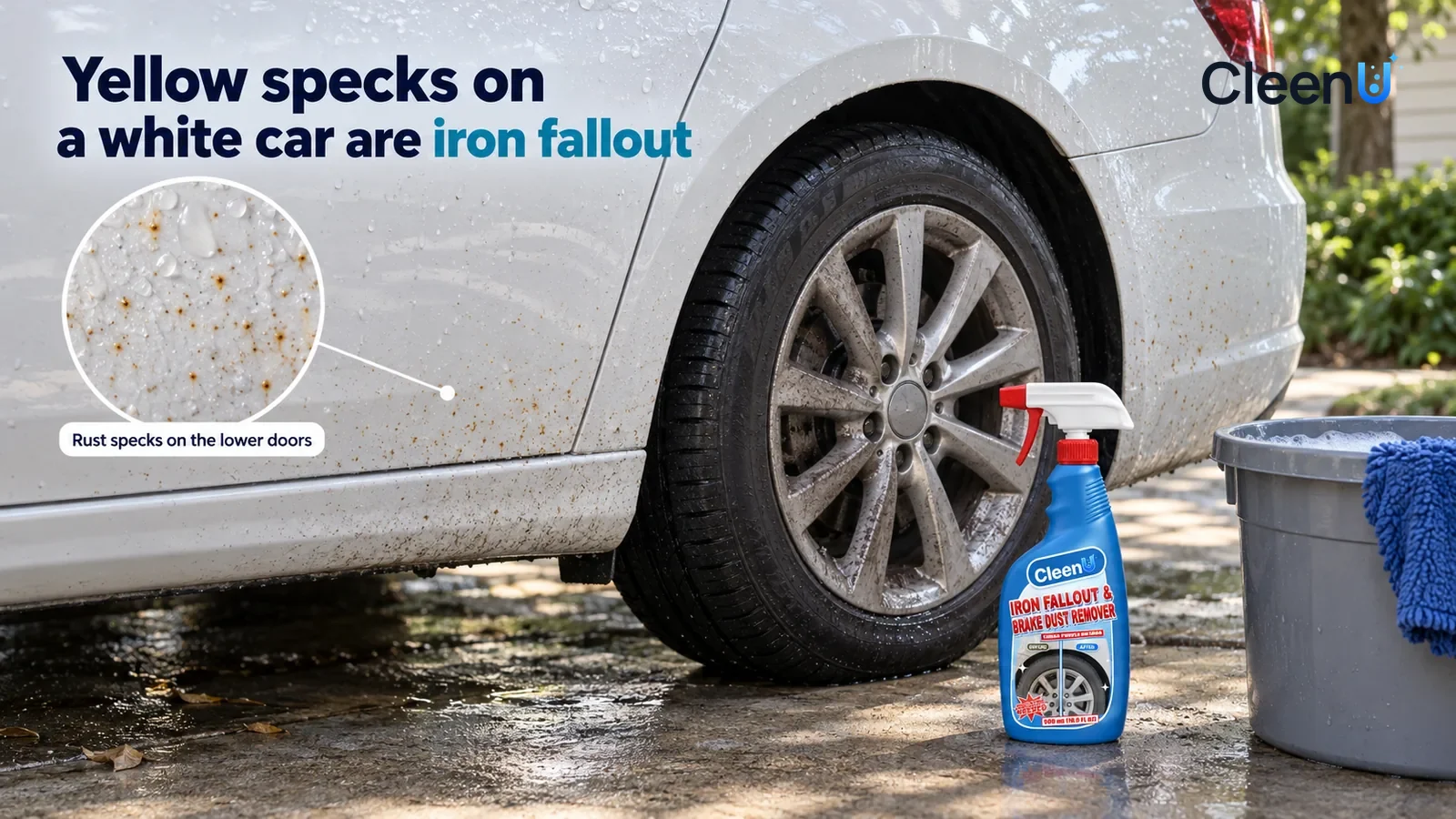 Illustration: CleenU Iron Fallout & Brake Dust Remover — A driveway at home, a freshly washed white sedan (no badges, no plates) in the shade of a tree, still beaded with water