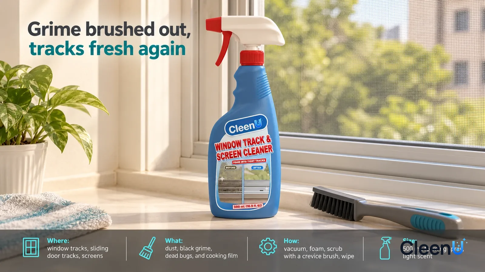 Illustration: CleenU Window Track & Screen Cleaner stands centered on an indoor windowsill, a crevice brush beside it