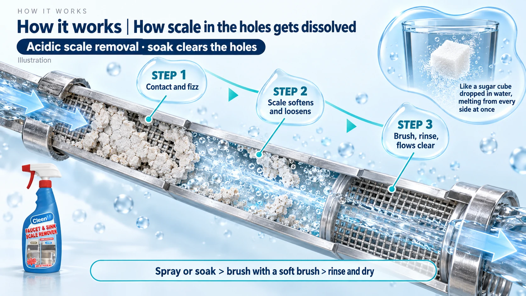 Illustration: An aerator cross-section with white scale, mesh holes, water and drops with an ice-cube analogy inset.