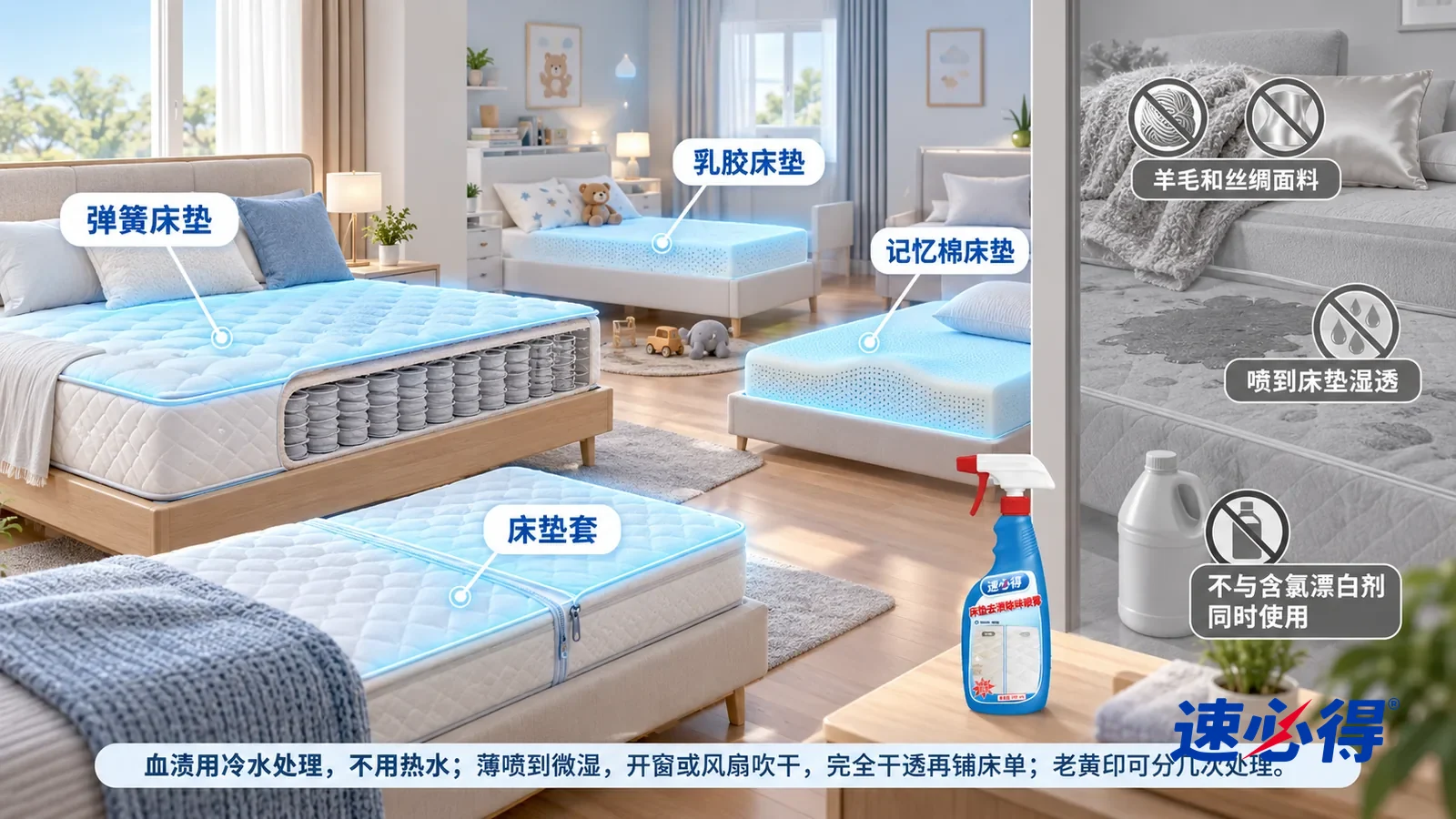 示意图：速必得床垫去渍除味喷雾——一张写实 3D 剖面实景图，一套明亮的家的主卧、儿童房和客卧区域，连续空间、一个视角，不出现我们的瓶子：弹簧床垫、乳胶床垫、记忆棉床垫