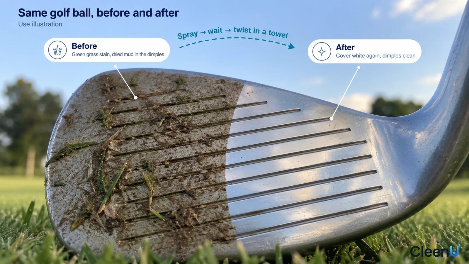 Illustration: Muddy and clearer grooves on a golf club head; not a measured cleaning test.