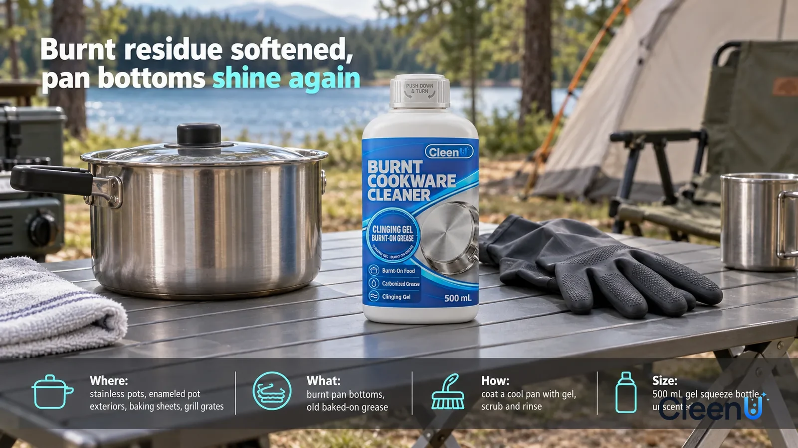 Illustration: CleenU Burnt Cookware Cleaner — on a folding table, the product, white cap on, stands centered, a clean shiny stainless camping pot (no brand marks) and a pair of rubber gl