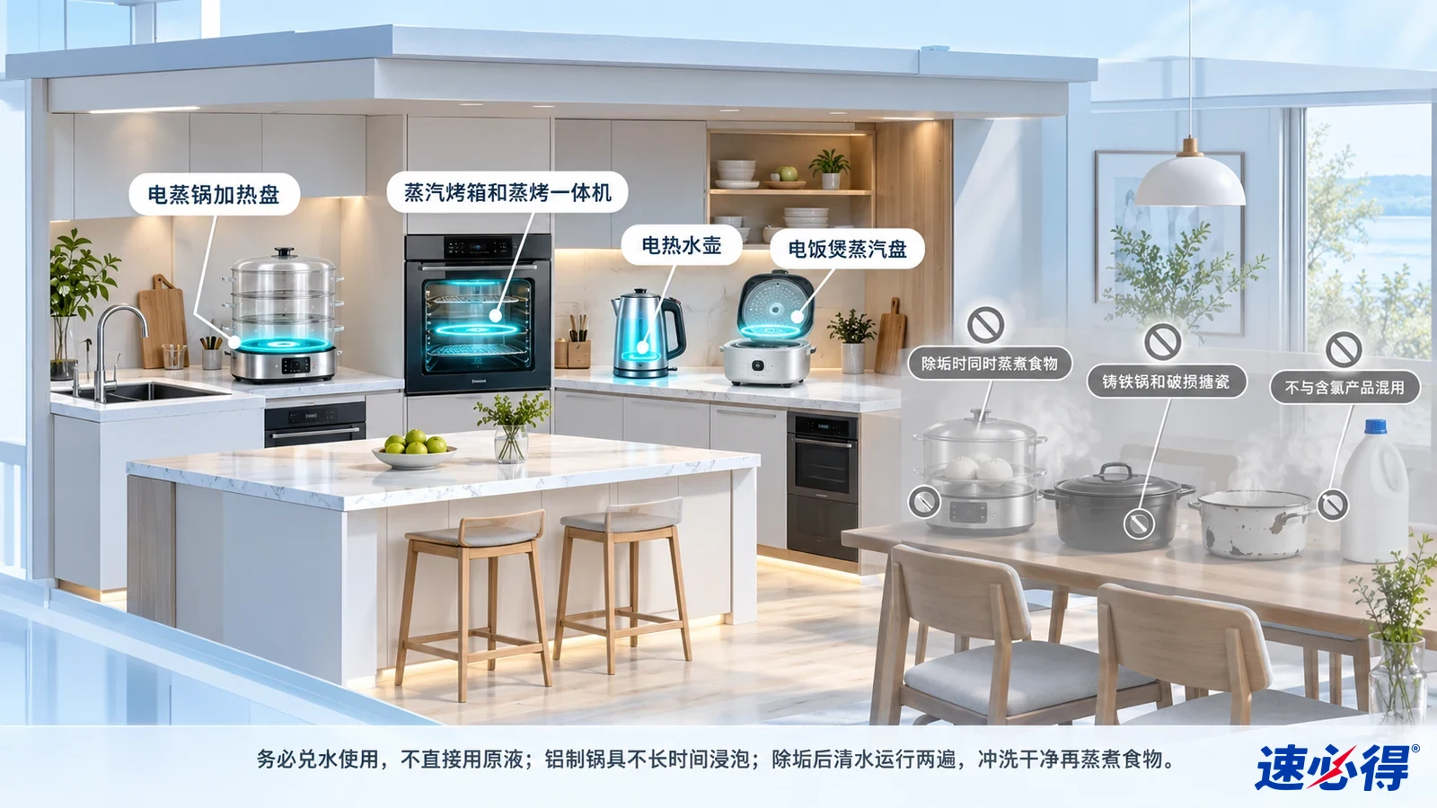 示意图：厨房蒸锅及蒸汽厨电被突出显示，旁列设备使用注意事项。