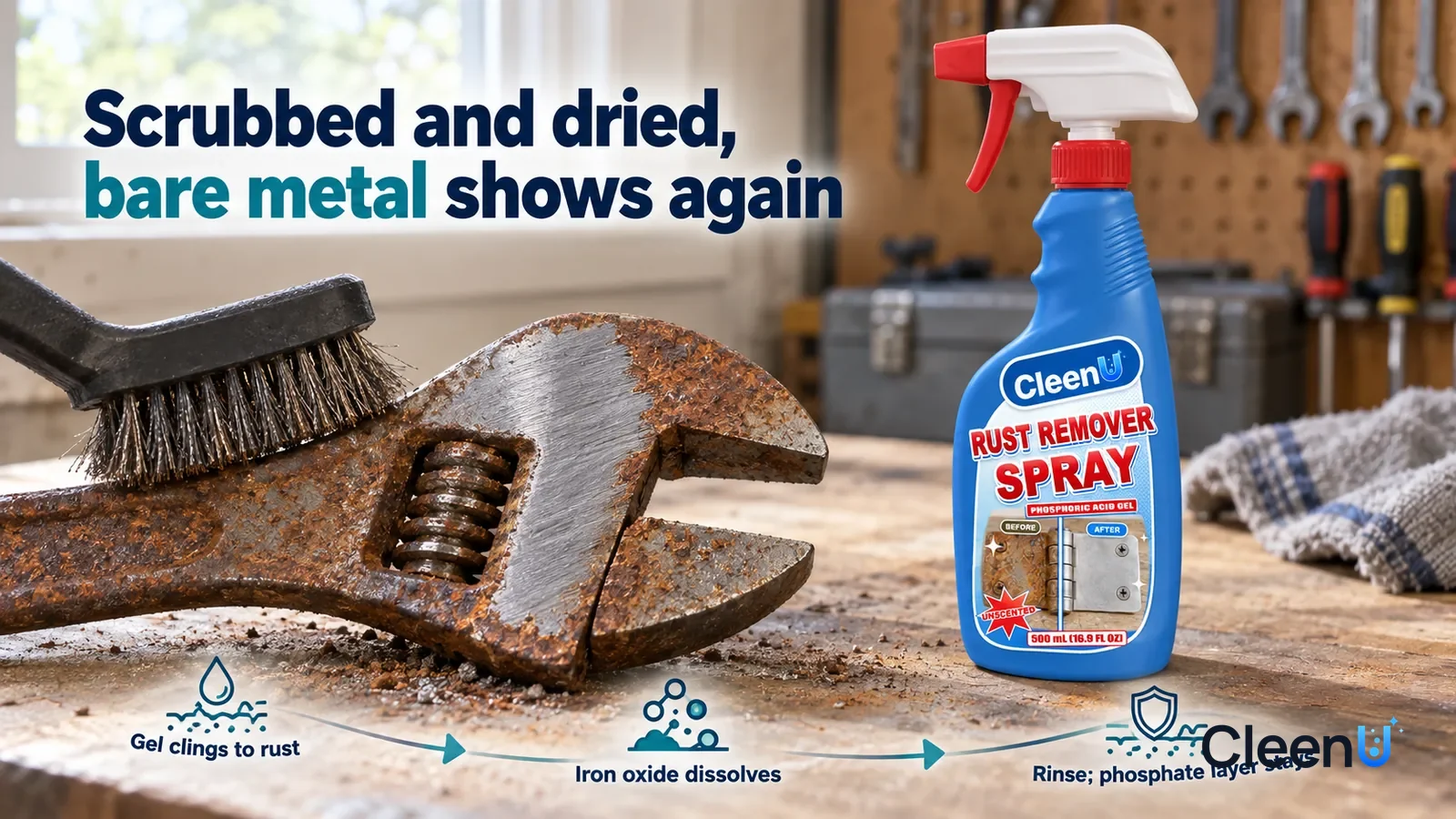 Illustration: CleenU Rust Remover Spray — a wire brush has just made one pass, the brushed area showing gray bare metal, a little reddish-brown rust still beside it