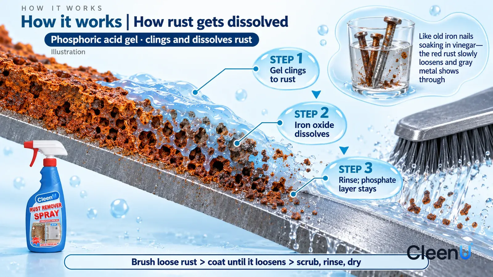 Illustration: CleenU Rust Remover Spray — an enormously magnified cross-section of a steel plate runs diagonally from upper left to lower right; on the left a loose