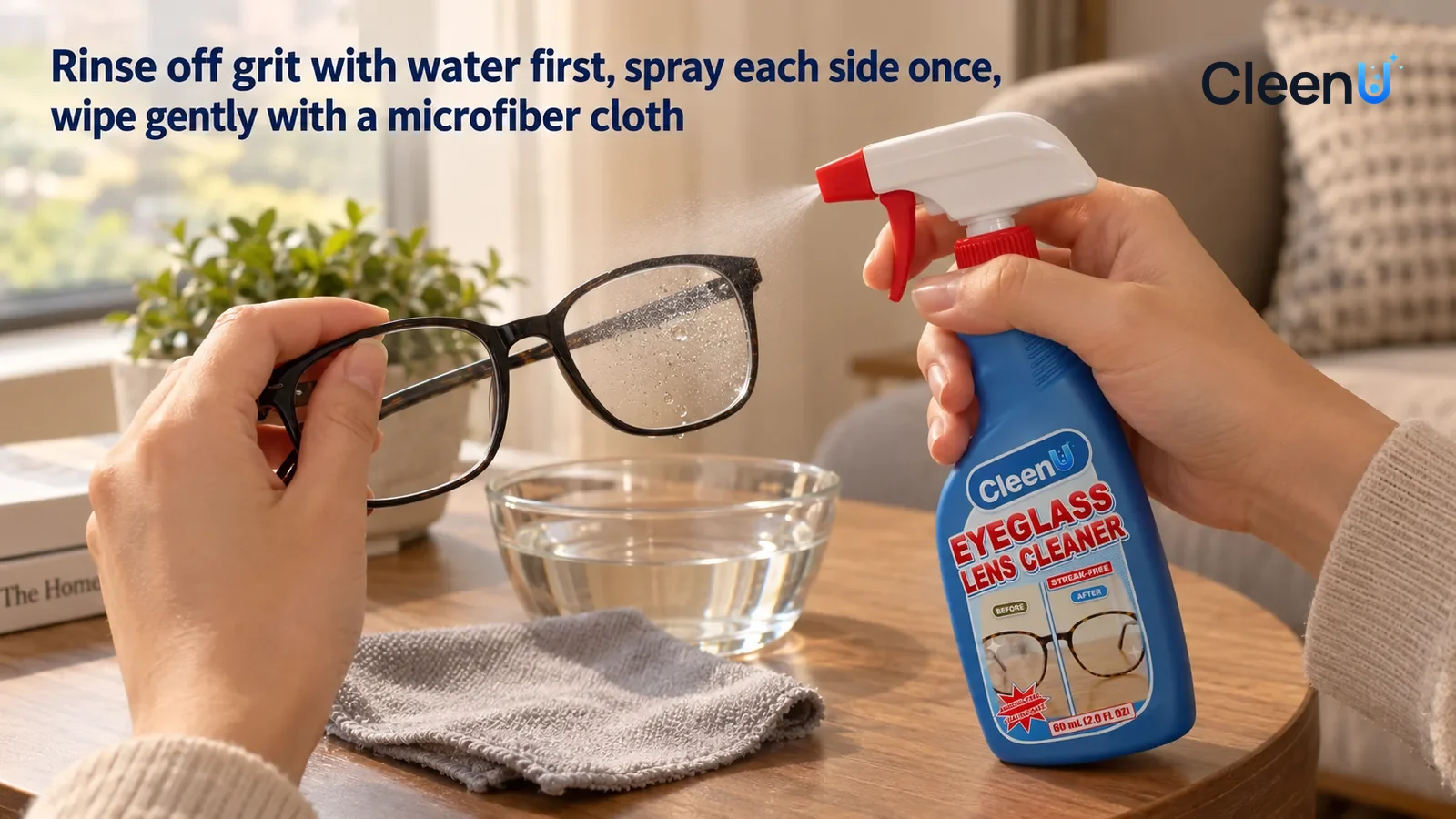 Illustration: CleenU Eyeglass Lens Cleaner — On a small round table by the living-room window, low close-up: one hand holds a pair of black-framed glasses (no brand marks) by the temple