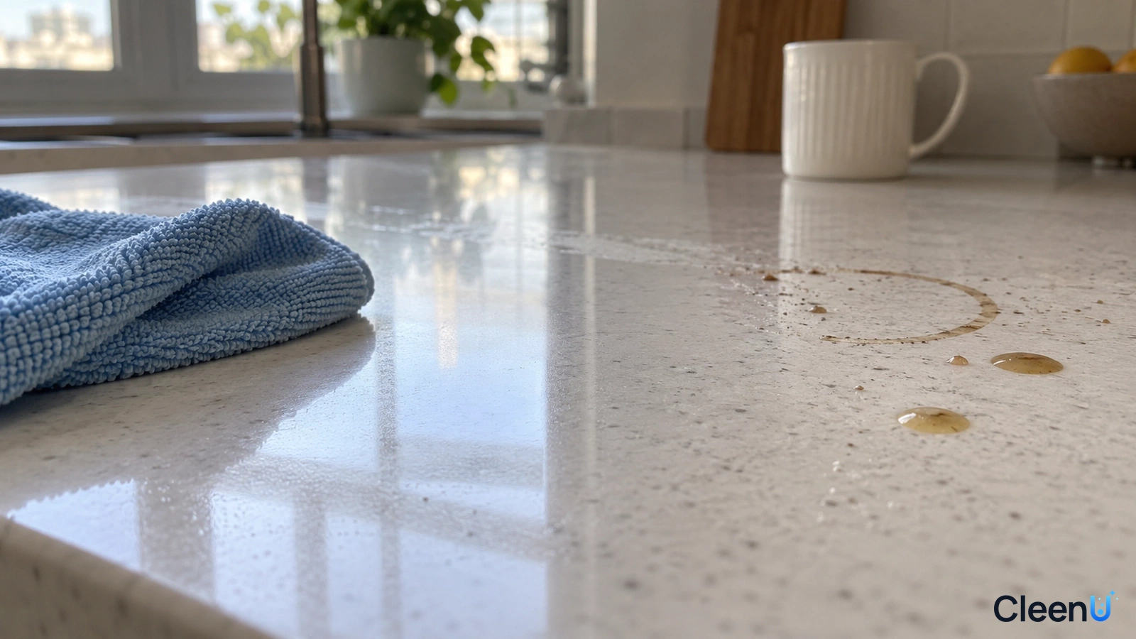 Illustration: A blue cloth beside cup rings and yellow drops on a light countertop.