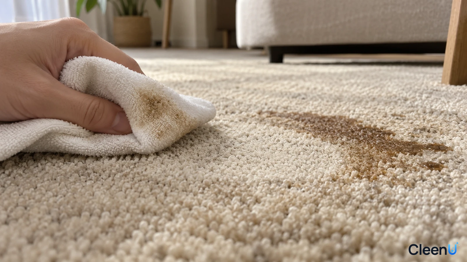 Illustration: A hand blotting a brown stain on a light rug with a white cloth.