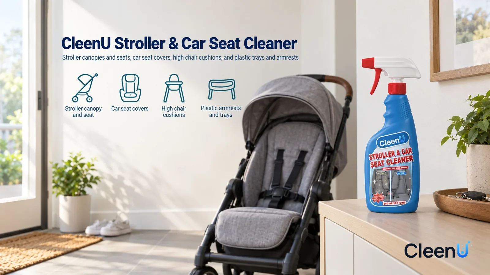 Illustration: CleenU Stroller & Car Seat Cleaner — A bright, clean entryway, a clean grey stroller (no brand marks, no one inside) parked against the wall, its seat smooth